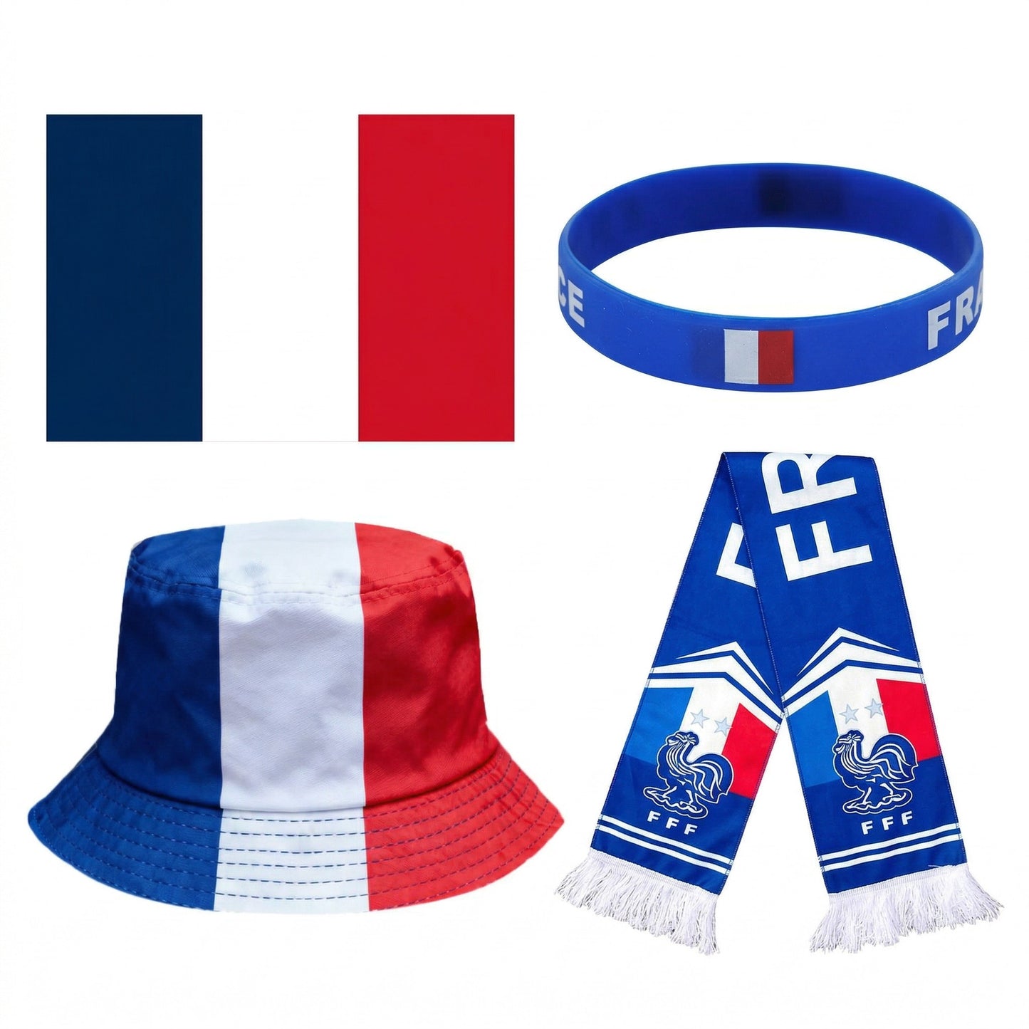 Pack Supporter France 🇫🇷 — Bob + Écharpe + Drapeau + Bracelet