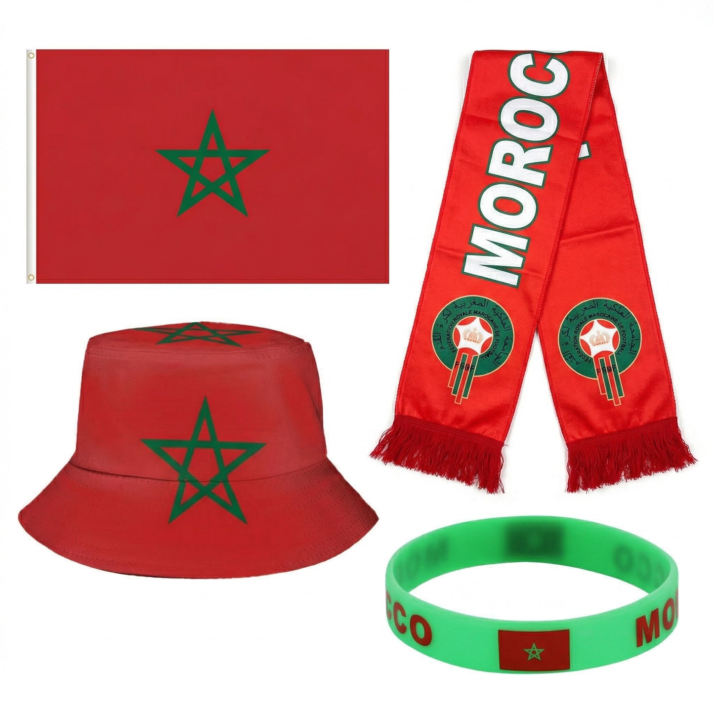 Pack Supporter Maroc 🇲🇦 — Bob + Écharpe + Drapeau + Bracelet