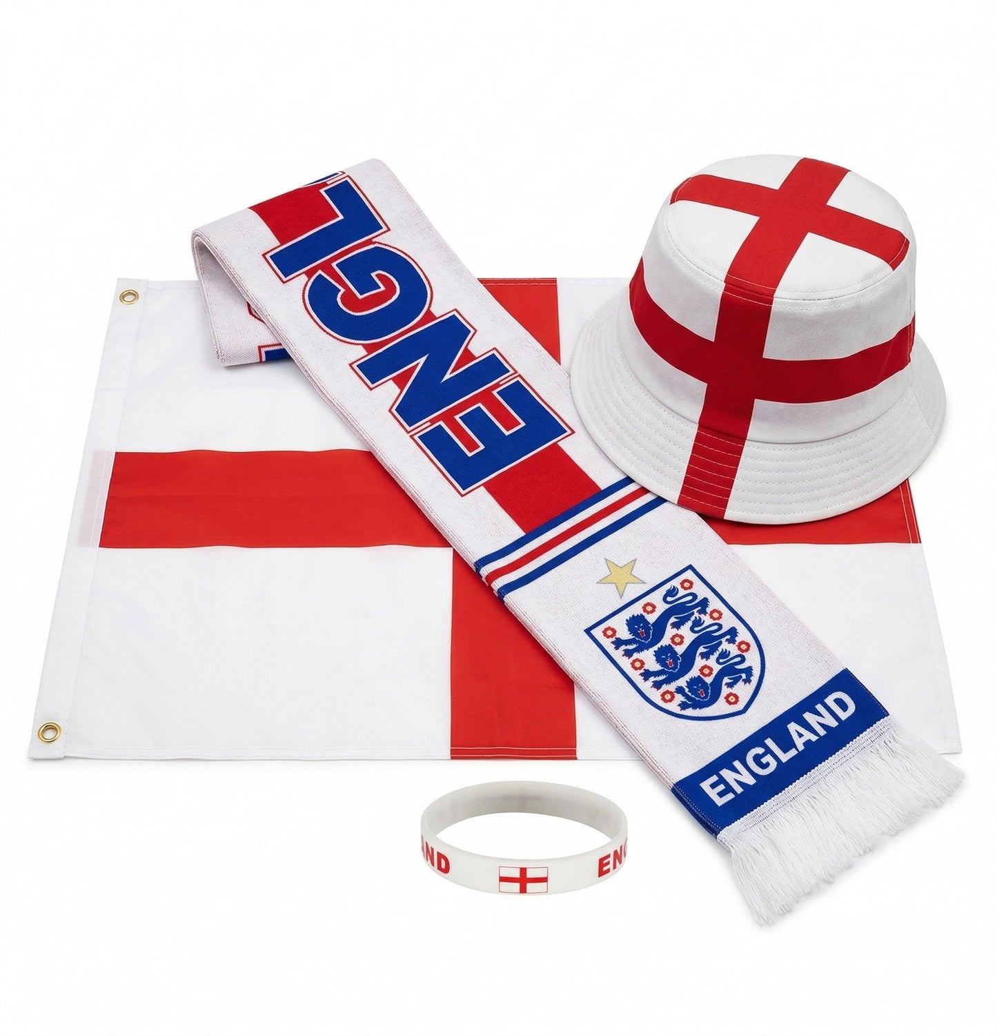 Pack Supporter Angleterre 🏴󠁧󠁢󠁥󠁮󠁧󠁿 — Bob + Écharpe + Drapeau + Bracelet