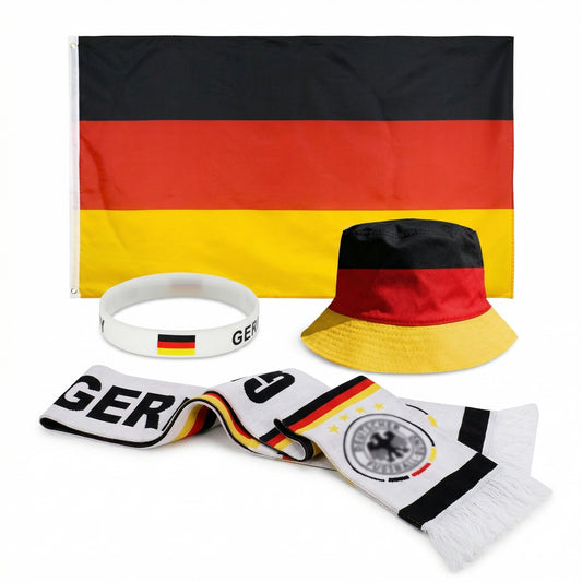 Pack Supporter Allemagne 🇩🇪 — Bob + Écharpe + Drapeau + Bracelet