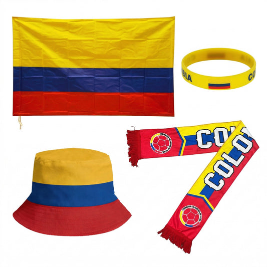 Pack Supporter Colombie 🇨🇴 — Bob + Écharpe + Drapeau + Bracelet