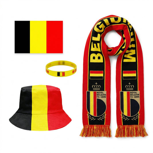 Pack Supporter Belgique 🇧🇪 — Bob + Écharpe + Drapeau + Bracelet