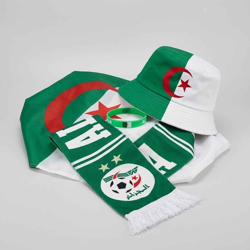 Pack Supporter Algérie 🇩🇿 — Bob + Écharpe + Drapeau + Bracelet