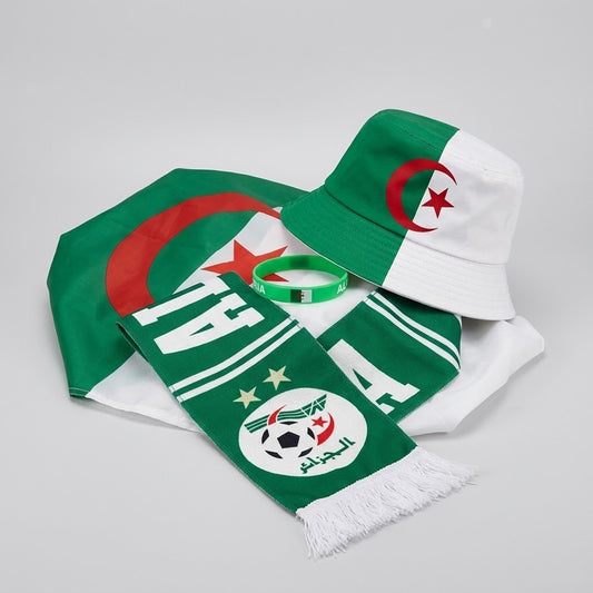 Pack Supporter Algérie 🇩🇿 — Bob + Écharpe + Drapeau + Bracelet