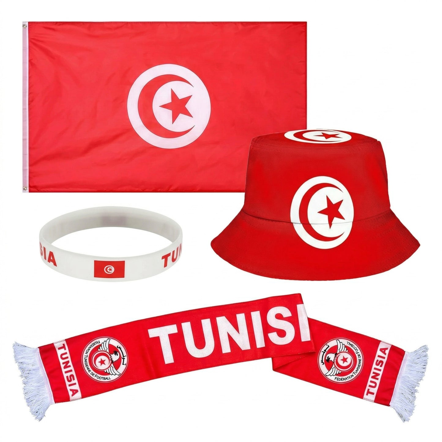 Pack Supporter Tunisie 🇹🇳— Bob + Écharpe + Drapeau + Bracelet