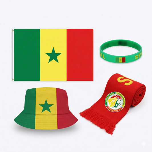 Pack Supporter Sénégal 🇸🇳 — Bob + Écharpe + Drapeau + Bracelet