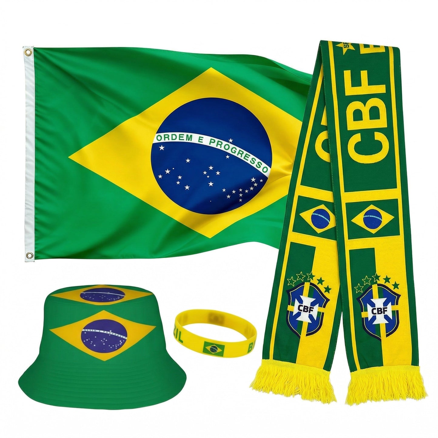 Pack Supporter Brésil 🇧🇷 — Bob + Écharpe + Drapeau + Bracelet